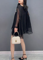 Bohemian Black O Neck Wrinkled Patchwork Tulle Top Spring