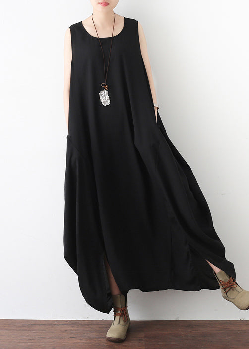 Bohemian Black O-Neck Zip Up Draping Pocket Chiffon Jumpsuit Sleeveless