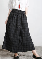 Bohemian Black Plaid Button Pockets Summer Cotton Skirts