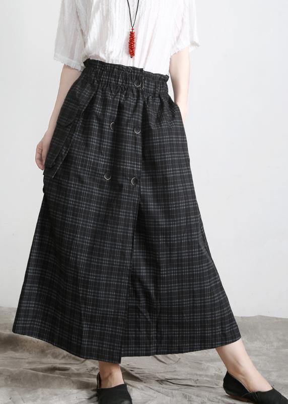 Bohemian Black Plaid Button Pockets Summer Cotton Skirts