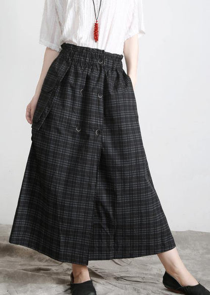 Bohemian Black Plaid Button Pockets Summer Cotton Skirts