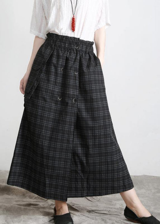 Bohemian Black Plaid Button Pockets Summer Cotton Skirts