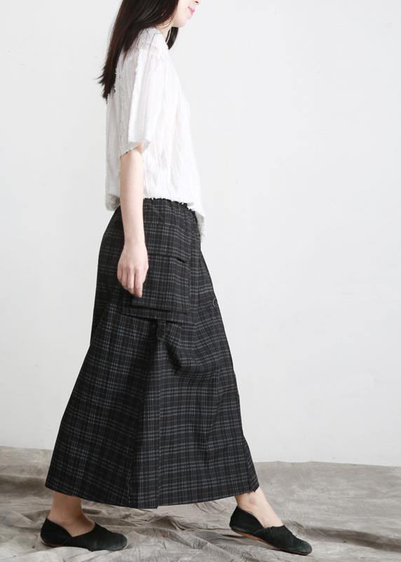 Bohemian Black Plaid Button Pockets Summer Cotton Skirts