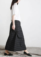 Bohemian Black Plaid Button Pockets Summer Cotton Skirts