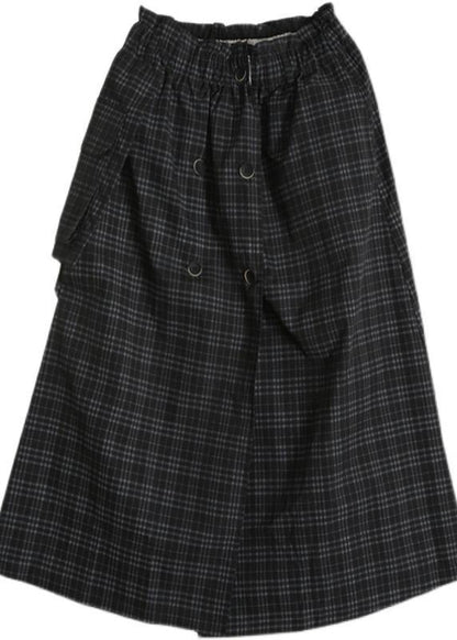 Bohemian Black Plaid Button Pockets Summer Cotton Skirts