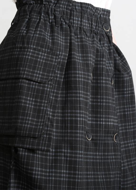 Bohemian Black Plaid Button Pockets Summer Cotton Skirts
