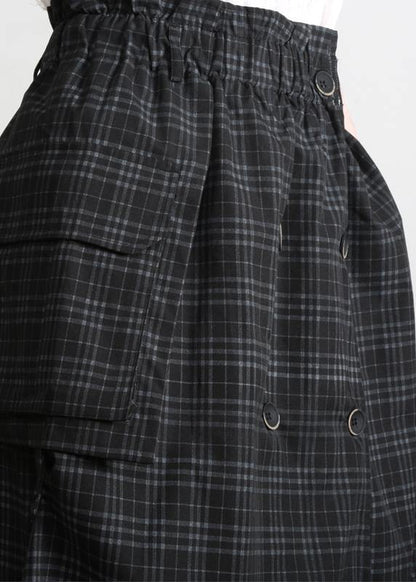 Bohemian Black Plaid Button Pockets Summer Cotton Skirts