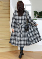 Bohemian Black White Plaid Double Breast Tie Waist Woolen Coats Fall