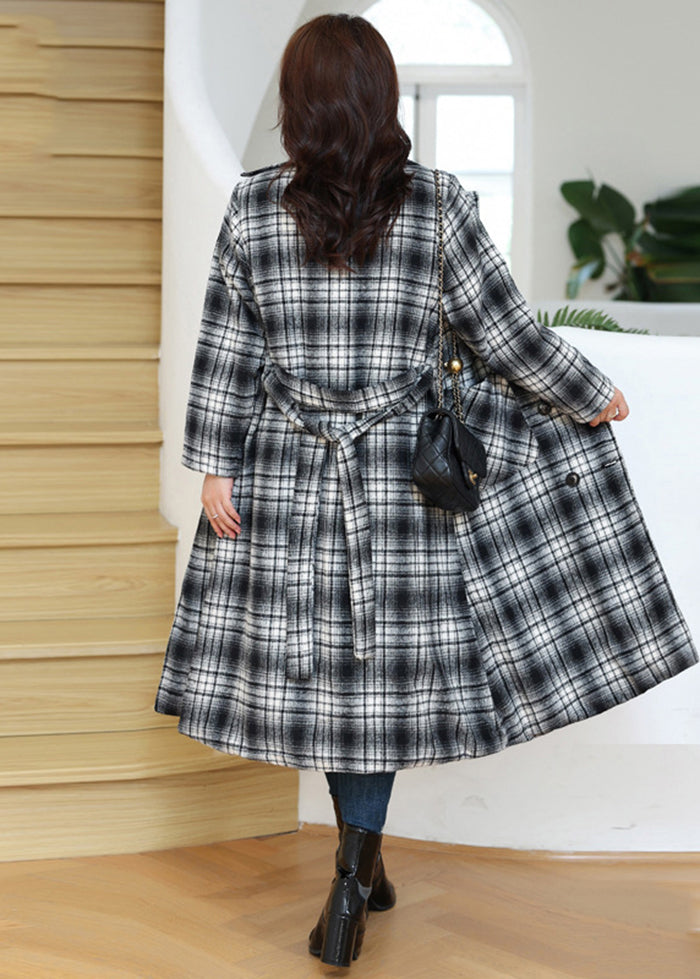 Bohemian Black White Plaid Double Breast Tie Waist Woolen Coats Fall