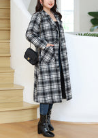 Bohemian Black White Plaid Double Breast Tie Waist Woolen Coats Fall