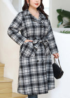 Bohemian Black White Plaid Double Breast Tie Waist Woolen Coats Fall