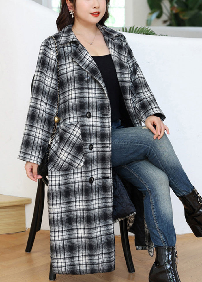 Bohemian Black White Plaid Double Breast Tie Waist Woolen Coats Fall