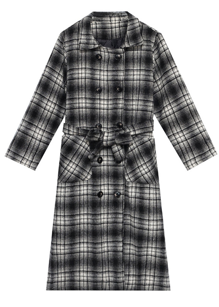 Bohemian Black White Plaid Double Breast Tie Waist Woolen Coats Fall