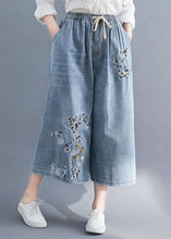 Load image into Gallery viewer, Bohemian Blue Embroideried Pockets Patchwork Denim Wide Leg Pants Summer
