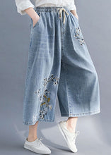 Load image into Gallery viewer, Bohemian Blue Embroideried Pockets Patchwork Denim Wide Leg Pants Summer