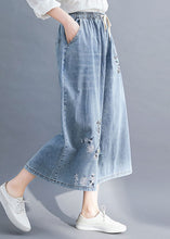 Load image into Gallery viewer, Bohemian Blue Embroideried Pockets Patchwork Denim Wide Leg Pants Summer