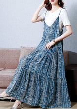 Load image into Gallery viewer, Bohemian Blue Print Patchwork Exra Large Hem Cotton Spaghetti Strap Dress Two Piece Set Summer