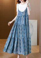 Bohemian Blue Print Patchwork Exra Large Hem Cotton Spaghetti Strap Dress Two Piece Set Summer