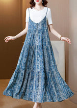 Load image into Gallery viewer, Bohemian Blue Print Patchwork Exra Large Hem Cotton Spaghetti Strap Dress Two Piece Set Summer