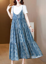 Load image into Gallery viewer, Bohemian Blue Print Patchwork Exra Large Hem Cotton Spaghetti Strap Dress Two Piece Set Summer