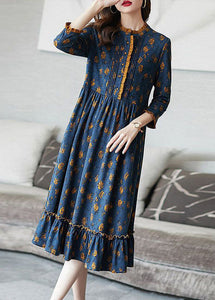 Bohemian Blue Ruffled Print Wrinkled Cotton Dress Bracelet Sleeve