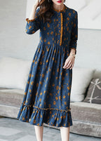 Bohemian Blue Ruffled Print Wrinkled Cotton Dress Bracelet Sleeve