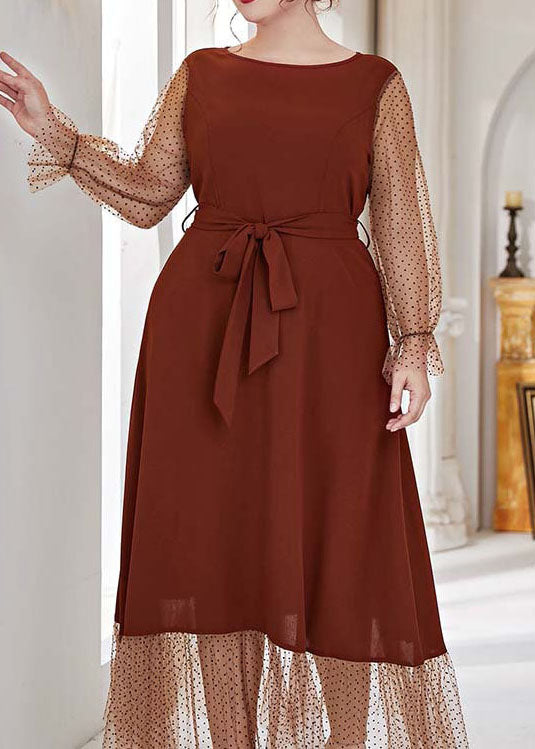 Bohemian Brown O Neck Tie Waist Patchwork Chiffon Dress Lantern Sleeve