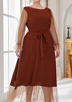Bohemian Brown O Neck Tie Waist Patchwork Chiffon Dress Lantern Sleeve