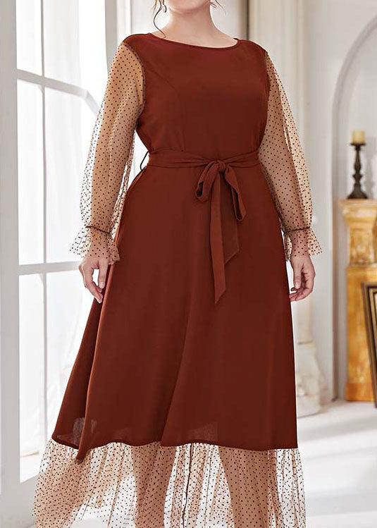 Bohemian Brown O Neck Tie Waist Patchwork Chiffon Dress Lantern Sleeve