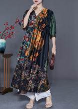 Load image into Gallery viewer, Bohemian Colorblock V Neck Patchwork Wrinkled Print Silk Long Dress Summer