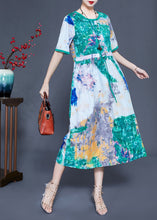 Load image into Gallery viewer, Bohemian Green Cinched Tie Dye Silk Dress Summer