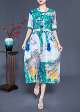 Load image into Gallery viewer, Bohemian Green Cinched Tie Dye Silk Dress Summer