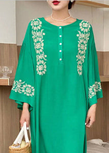 Bohemian Green O-Neck Embroideried Cotton Dress Flare Sleeve