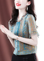 Bohemian Green Ruffled Print Chiffon Blouses Summer