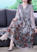 Load image into Gallery viewer, Bohemian Grey V Neck Patchwork Embroideried Tulle Cinched Dress Spring