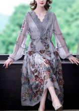 Load image into Gallery viewer, Bohemian Grey V Neck Patchwork Embroideried Tulle Cinched Dress Spring