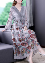 Load image into Gallery viewer, Bohemian Grey V Neck Patchwork Embroideried Tulle Cinched Dress Spring