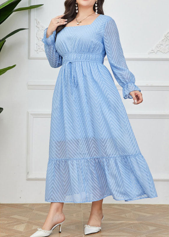 Bohemian Light Blue Square Collar Striped Drawstring Solid Chiffon Long Dresses Long Sleeve