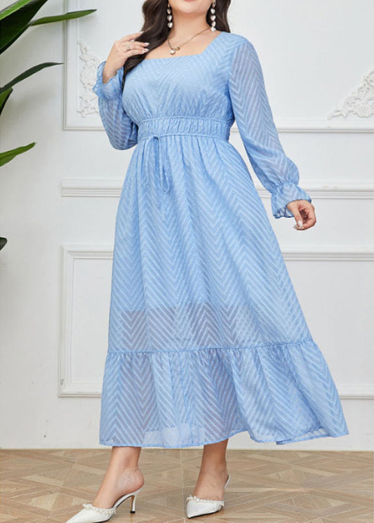 Bohemian Light Blue Square Collar Striped Drawstring Solid Chiffon Long Dresses Long Sleeve