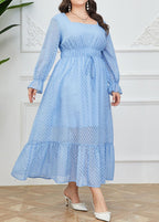 Bohemian Light Blue Square Collar Striped Drawstring Solid Chiffon Long Dresses Long Sleeve