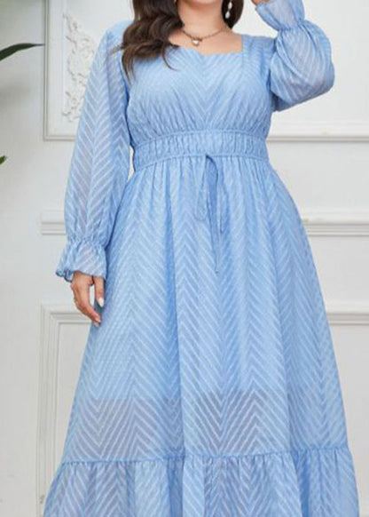 Bohemian Light Blue Square Collar Striped Drawstring Solid Chiffon Long Dresses Long Sleeve