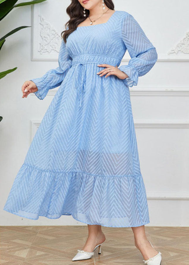 Bohemian Light Blue Square Collar Striped Drawstring Solid Chiffon Long Dresses Long Sleeve