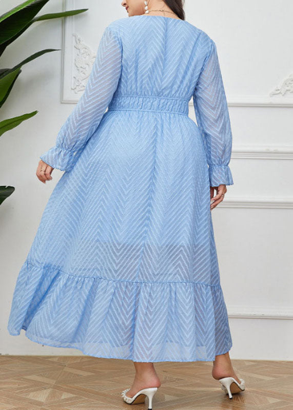 Bohemian Light Blue Square Collar Striped Drawstring Solid Chiffon Long Dresses Long Sleeve