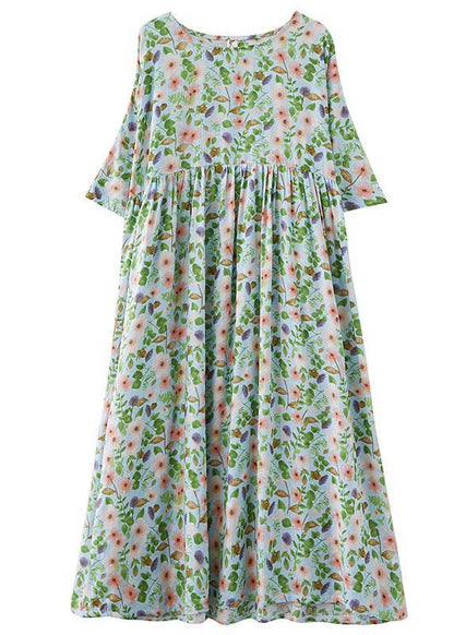 Bohemian Light Green O-Neck Patchwork Print Summer Dress Half Sleeve