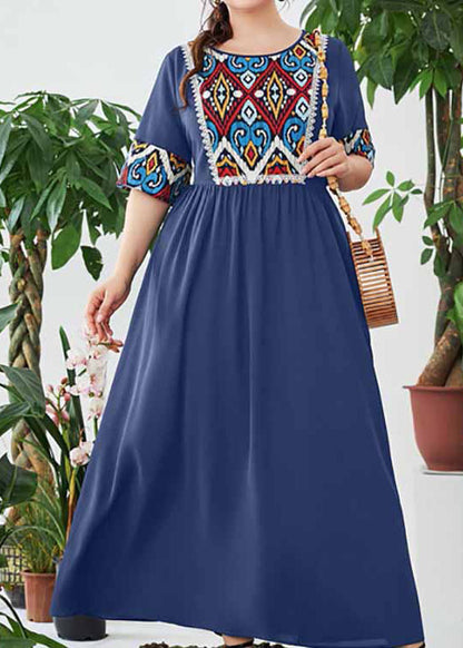 Bohemian Navy O Neck Print Wrinkled Patchwork Cotton Dress Summer