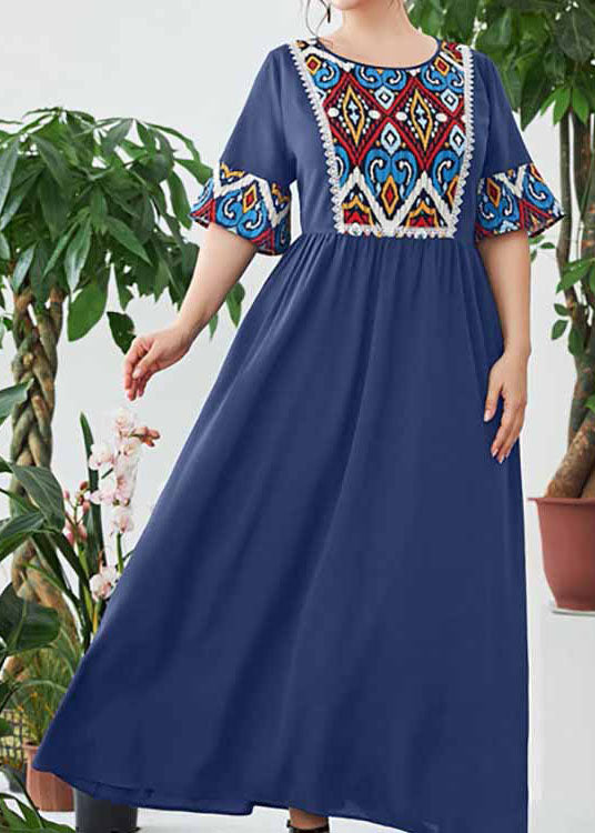Bohemian Navy O Neck Print Wrinkled Patchwork Cotton Dress Summer