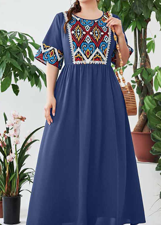Bohemian Navy O Neck Print Wrinkled Patchwork Cotton Dress Summer