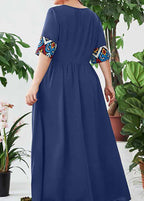 Bohemian Navy O Neck Print Wrinkled Patchwork Cotton Dress Summer