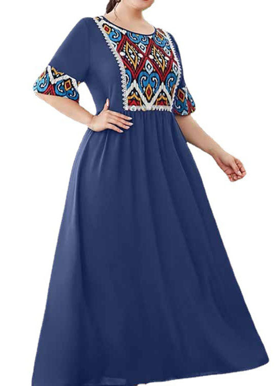 Bohemian Navy O Neck Print Wrinkled Patchwork Cotton Dress Summer