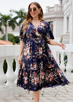 Bohemian Navy Print Patchwork Chiffon Maxi A Line Dress Short Sleeve